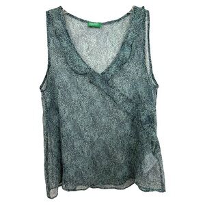 Vintage Y2K Silk Sheer Ruffle Top Size Medium Green Animal Print Made In Italy